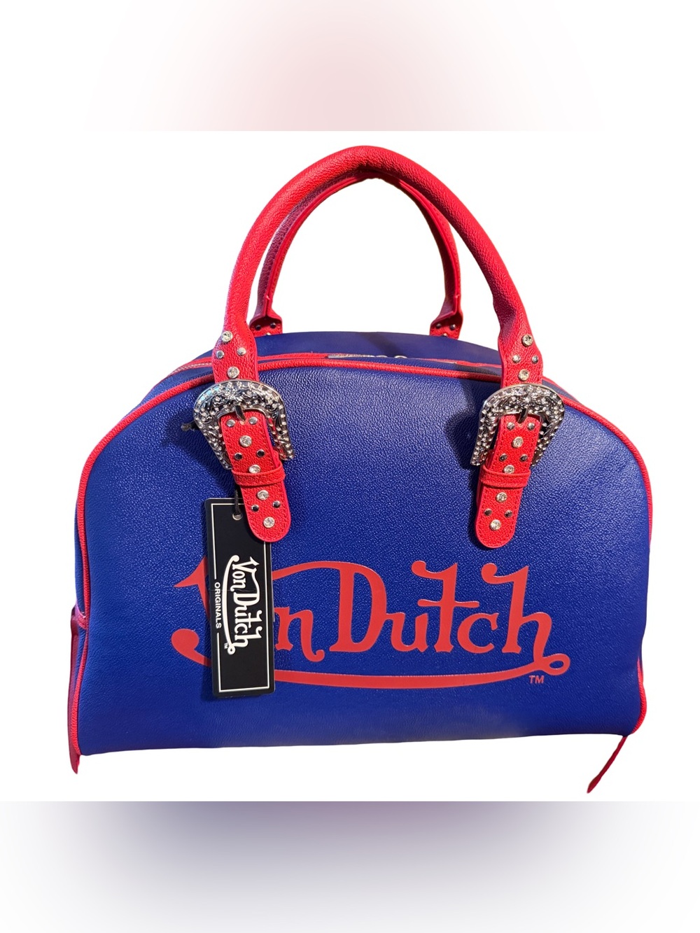 Von Dutch Originals NWT Weekender Red & Blue & Crystal Buckle Duffle Bag (P226) - Picture 4 of 13